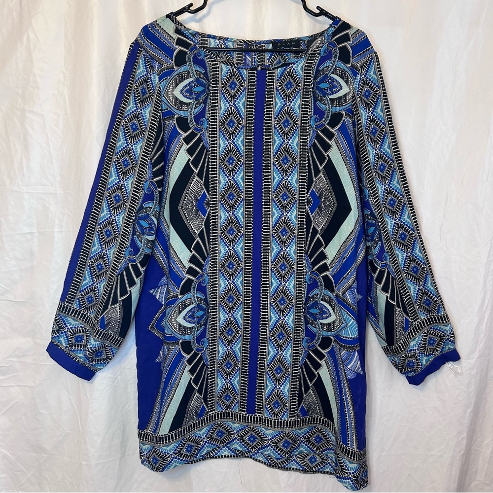 Glam bohemian-style blue geometric tunic dress Women’s Size Large